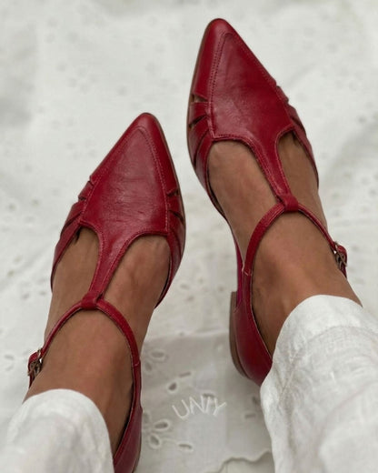 Chic Red PU Leather Pointed Toe T-Strap Cutout Flats [Pre Order]