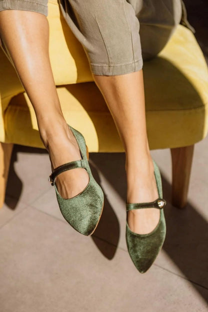 Solid Color Velvet Pointed Toe Metal Buckle Flats [Pre Order]