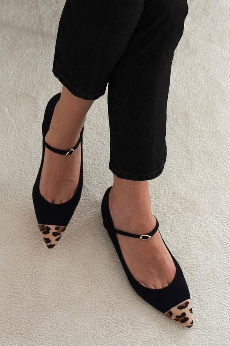 Black Suede Leopard Patchwork Pointed Mary Jane Flats [Pre Order]