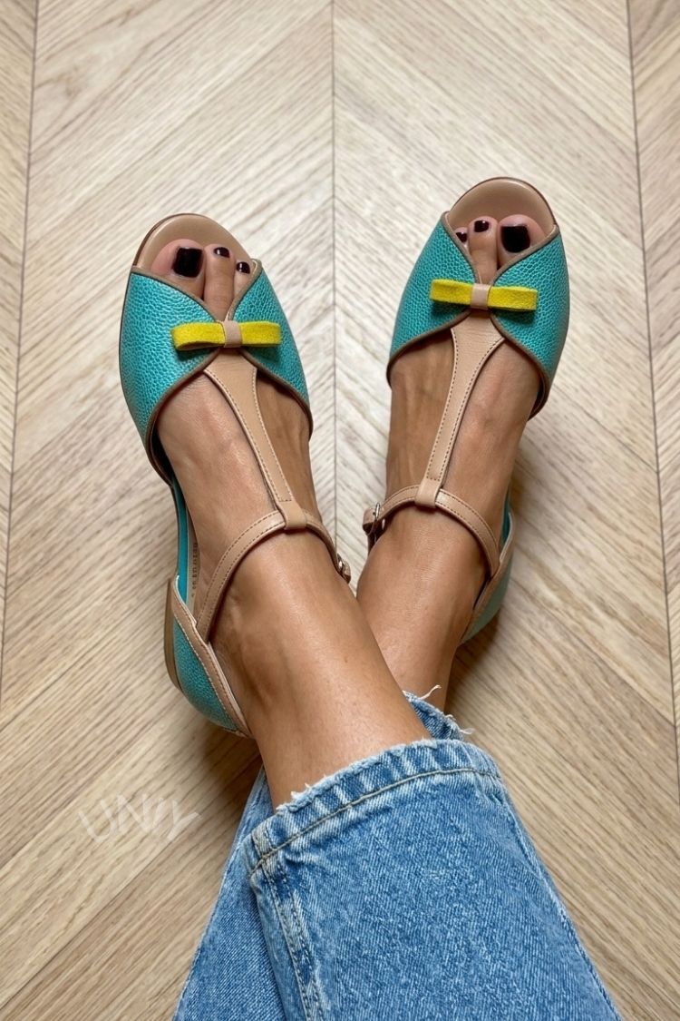 Retro Teal Beige Pebbled T-Strap Bow Peep Toe Flats [Pre Order]