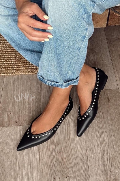 Chic Black Studded Pointed Toe Slip-On Flats [Pre Order]