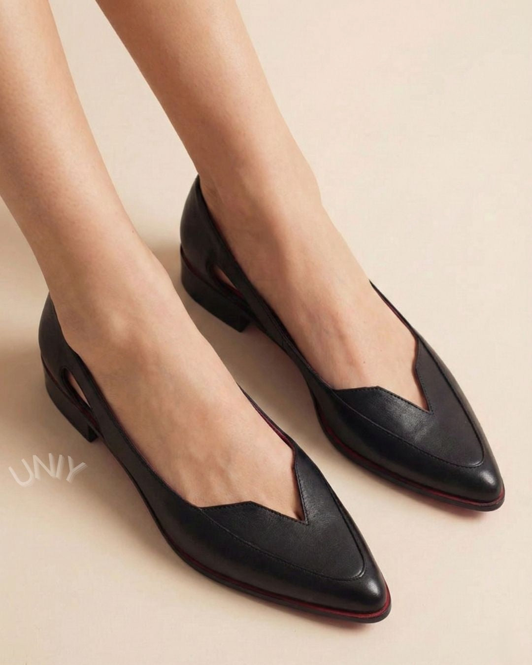 Elegant Black Leather Pointed Toe V-Cut Side Cutout Flats [Pre Order]