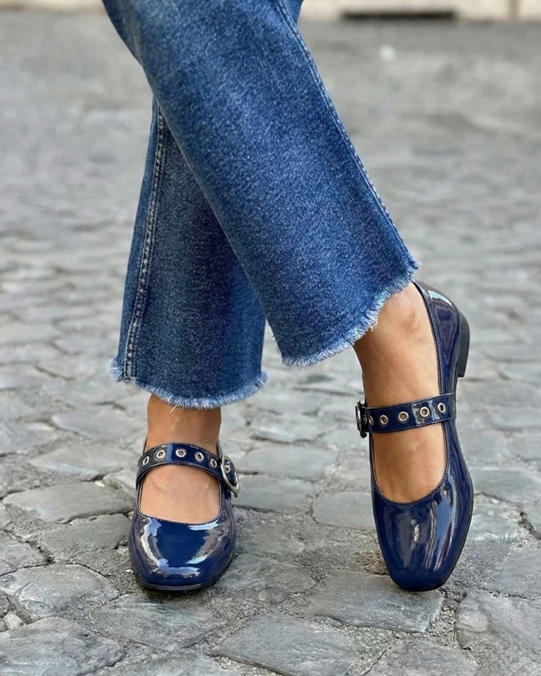 Navy Patent Round Toe Single Strap Mary Jane Flats [Pre Order]