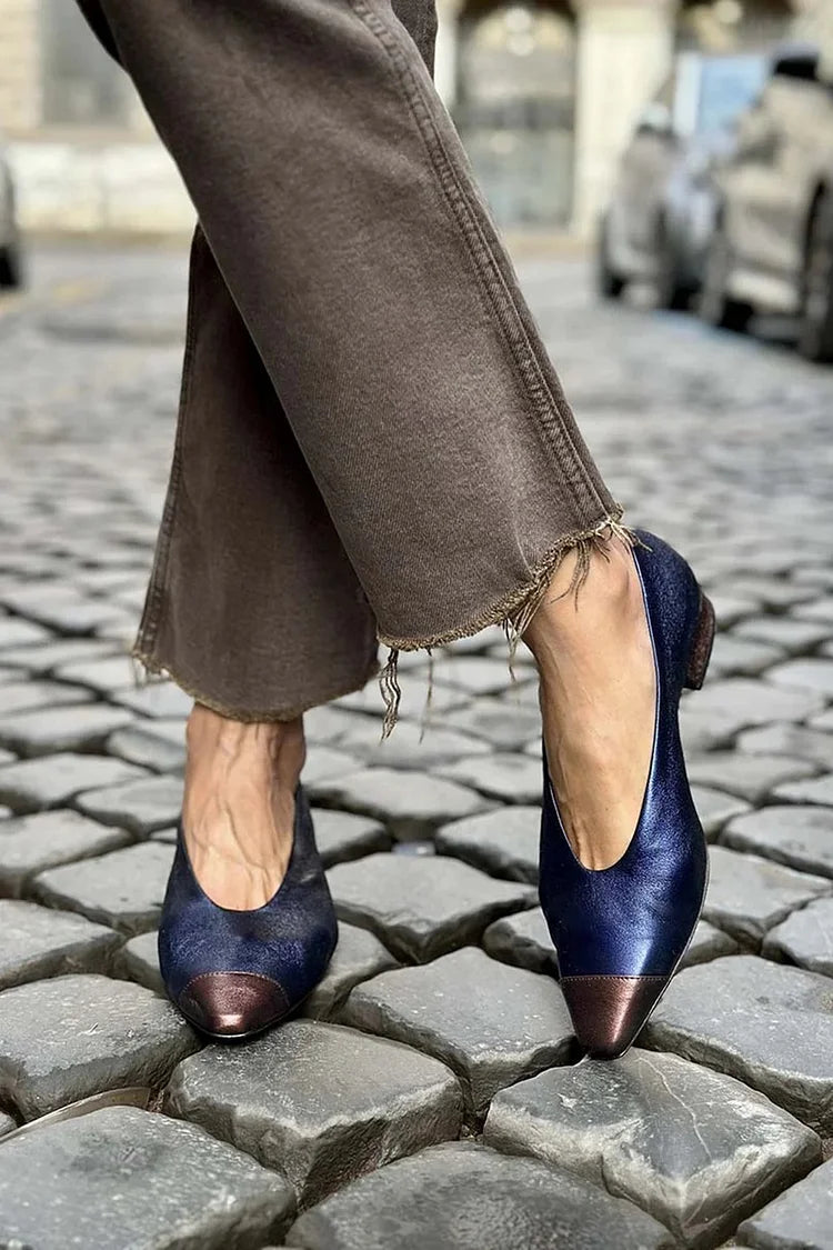 Pointed Toe Colorblock Casual Slip On Navy Flats