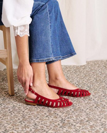 Strappy Cutout Peep Toe Slingback Red Suede Flats [Pre Order]